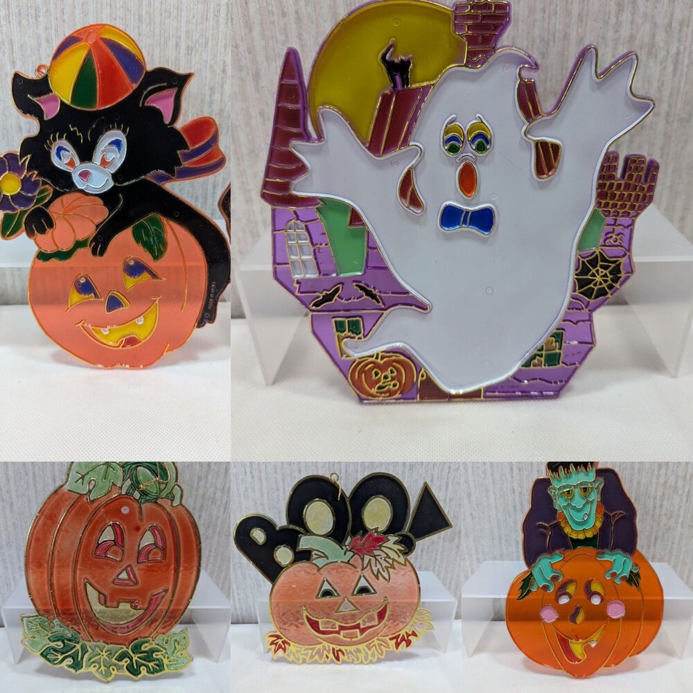 5 Vintage Halloween 80s Sun Catchers Plastic Pumpkin Ghost Black Cat